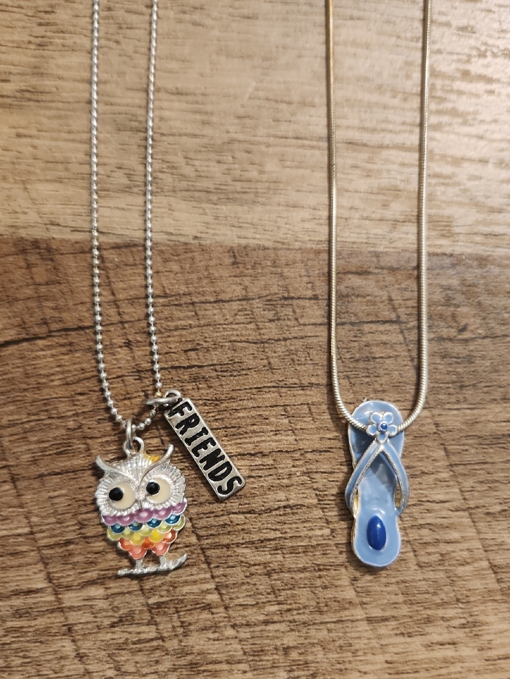 Kids Colorful Owl 'Friends' Pendant Necklace - Blue Flip Flop Accent